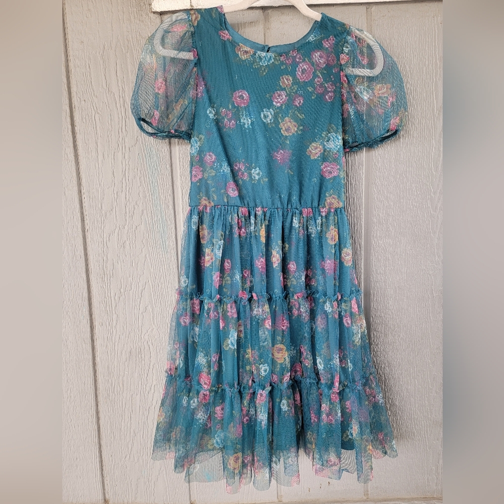 Lilt Teal Floral Mesh Tiered Ruffle Dress